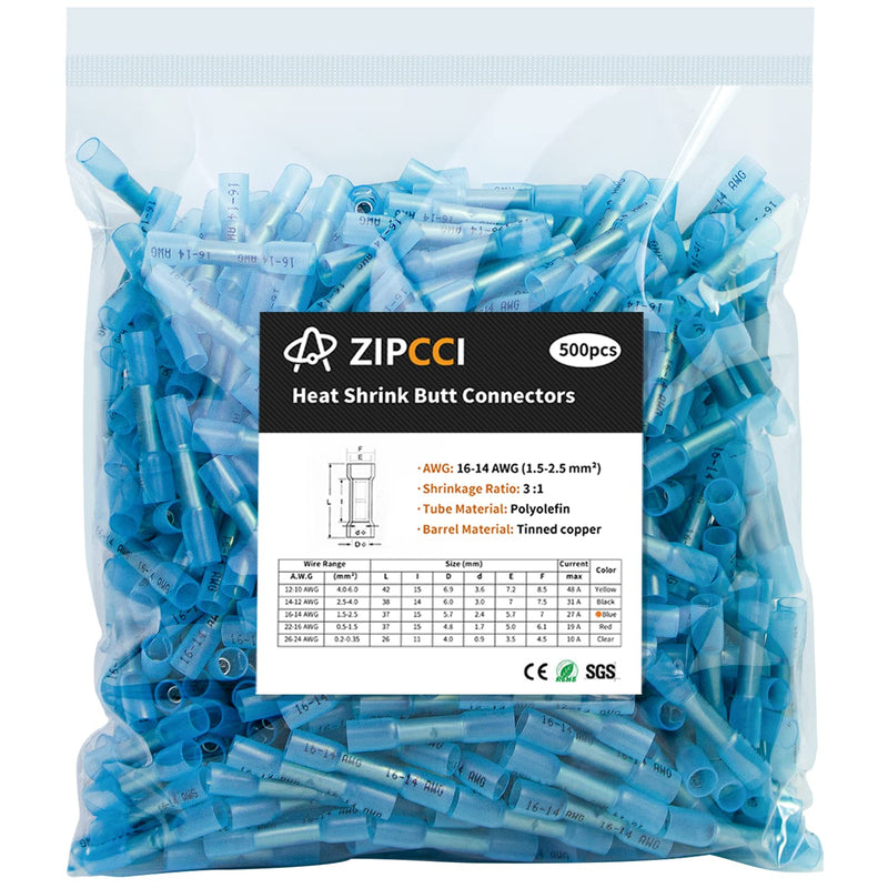 16-14 AWG Heat Shrink Butt Connectors - 500Pcs Blue Insulated Waterproof Electrical Marine Automotive Wire Splice Connector Crimp Wiring Terminals AWG 16-14 [500PCS]