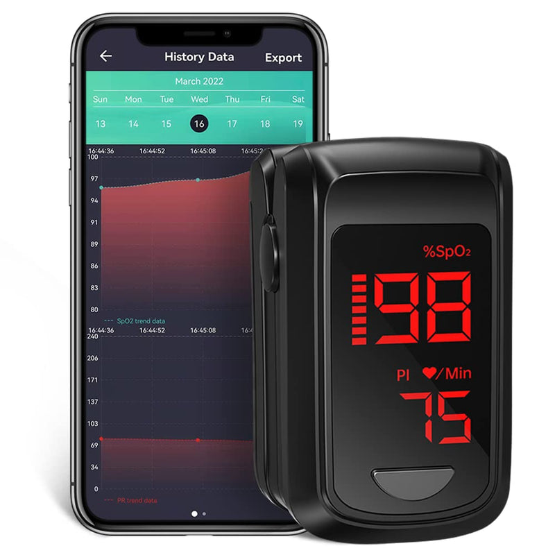 [Australia - AusPower] - Fingertip Pulse Oximeter- HOLFENRY Pulse Oximeter Bluetooth Oximeter Oxygen Saturation Monitor for SpO2/Heart Rate/PI, with Auto Graph Display/Alarm/Dedicated App, Compatible with iOS&Android Black 