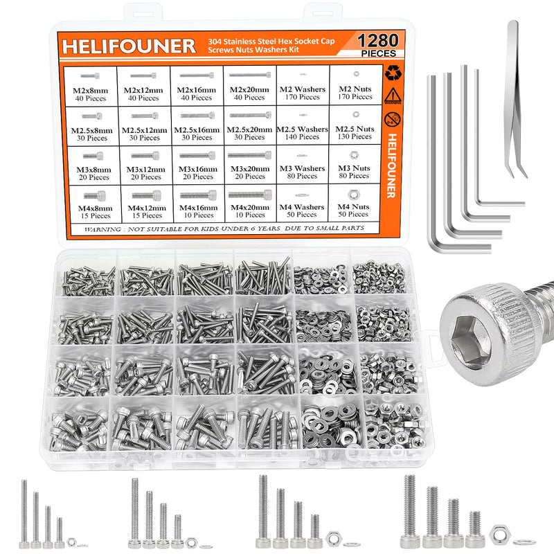 [Australia - AusPower] - 1280 Pieces M2 M2.5 M3 M4 304 Stainless Steel Hex Socket Cap Metric Screws Bolts Washers Nuts Hardware Assortment Kit with Hex Wrenches 
