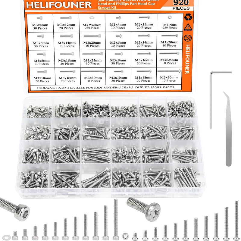[Australia - AusPower] - 920 Pieces 304 Stainless Steel M3 x 4mm /6mm /8mm /10mm /12mm /14mm /16mm /18mm /20mm /25mm / 30mm, Hex Socket Head and Phillips Pan Head Metric Screws and Nuts Assortment Kit M3 Screw Kit 