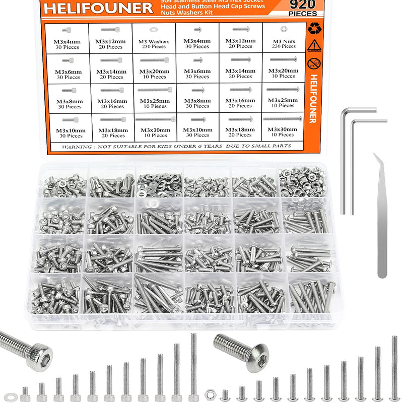 [Australia - AusPower] - 920 Pieces 304 Stainless Steel M3 x 4mm /6mm /8mm /10mm /12mm /14mm /16mm /18mm /20mm /25mm / 30mm, Hex Socket Head and Button Head Metric Screws and Nuts Assortment Kit M3 Screws Set 