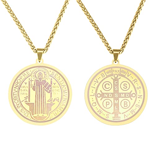 St Saint Benedict Medal Necklace, St Benedict's Medal Stainless Steel Necklace Gold