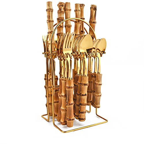 24-Piece Gold Stainless Steel Flatware Set, Bamboo Handle Cutlery with Stand Dinnerware Set Include Knife Fork Spoon And Teaspoon, Service For 6, Mirror Finished.