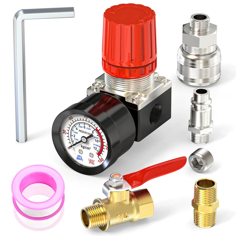 [Australia - AusPower] - MEANLIN MEASURE 1/4 Inch Air Compressor Regulator with Gauge, 0-180 PSI Air Gauge Regulator Inline for Air Compressor and Pneumatic Tools (Four-way valve) 1/4" NPT (Four-way valve) 