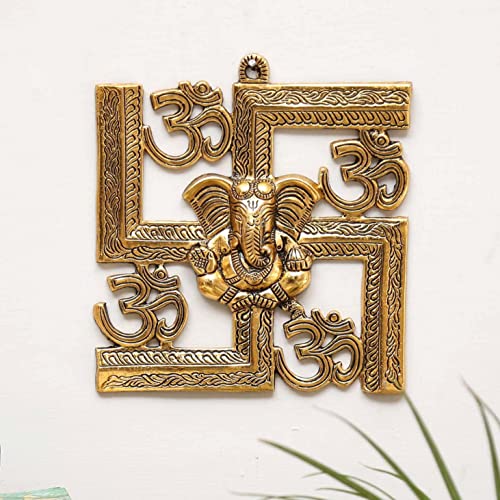 KridayKraft Ganesha Metal Statue,Ganpati Wall Hanging Sculpture,Metal Swastik Ganesha Murti Lucky for Home & Office, Gold