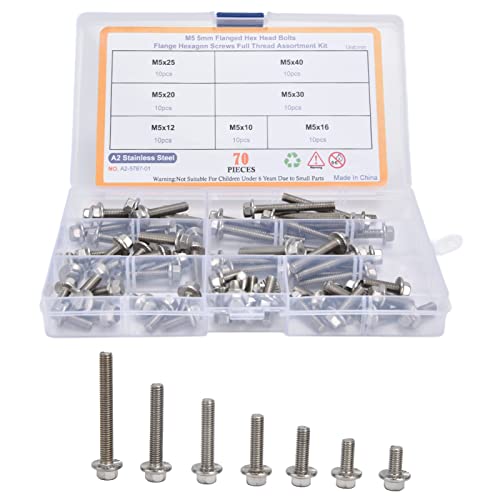 Pissente M5 stainless steel flanged hex head bolts assortment kit, 70-piece socket head screws hardware set