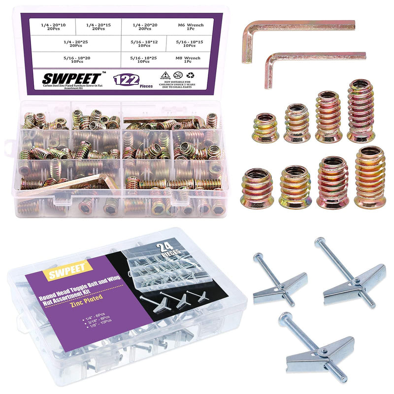 [Australia - AusPower] - Swpeet 144Pcs Screw in Nut, Toggle Bolt and Wing Nut Kit, Including 1/4 + 5/16 Fastener Connector Hex Socket & 1/8", 3/16", 1/4" Toggle Bolt and Wing Nut Kit for Hanging Heavy Items on Drywall 