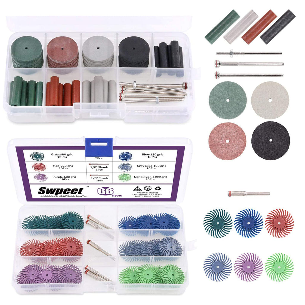 Swpeet 112Pcs Polishing Wheels Kit, Including 60 1" Radial Bristle Polishing Pad 40 Silicone Rubber Polishing Wheels 12 Mandrel Shank, for Rotary Tools Cleaning Finishing Deburring