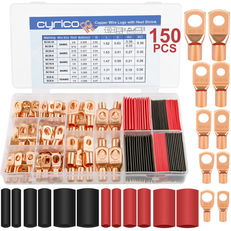 [Australia - AusPower] - 150pcs Battery Cable Ends, Copper Wire Lugs Assortment Kit AWG 2 4 6 8 10 Gauge - 70Pcs Battery Cable Lugs Ring Wire Terminal Connectors and 80Pcs Heat Shrink Tubing Kit for Marine Electrical Supplies 150PCS 