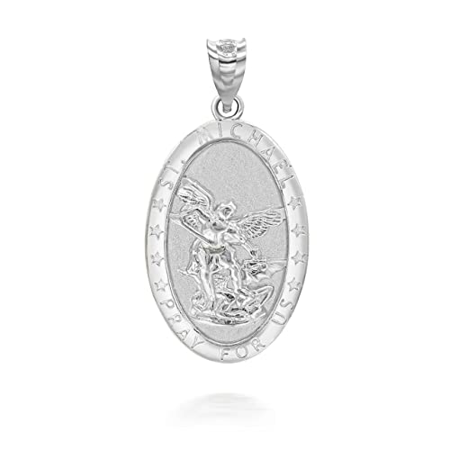 Claddagh Gold Archangel St. Michael Pray For Us Words Oval Medal in Solid Sterling Silver Choice of Pendant Only or Necklace Chain Length