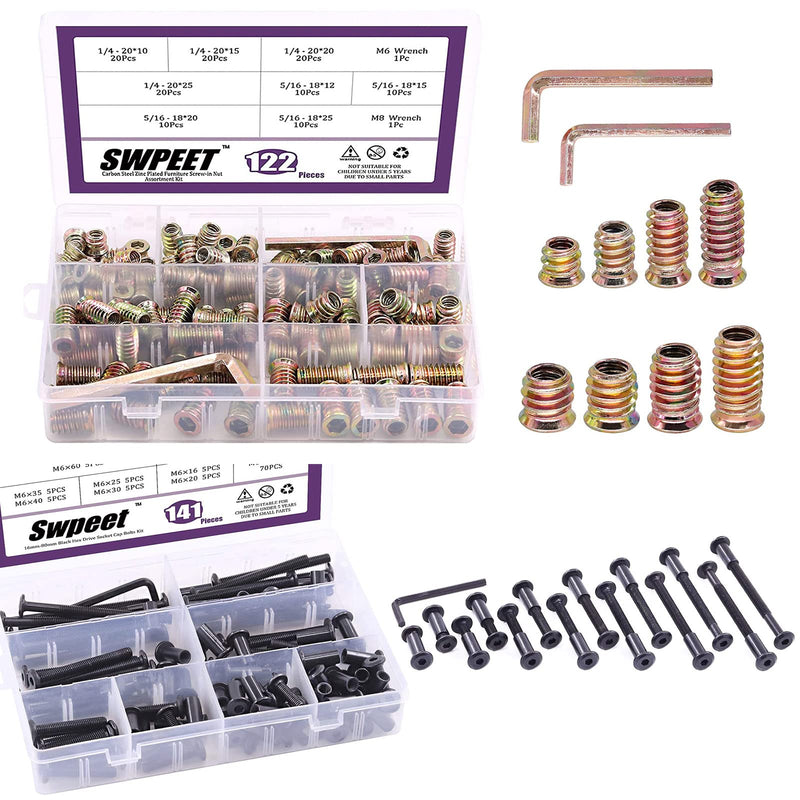 [Australia - AusPower] - Swpeet 263Pcs Inserts Bolt and Barrel Nuts Kit, Include 122 Carbon Steel Screw in Nut 141Pcs 14 Sizes Black Socket Cap Bolts 