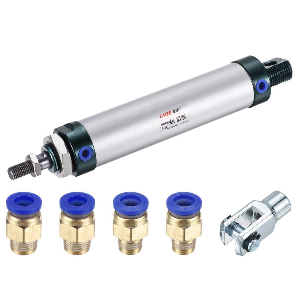 MECCANIXITY Pneumatic Air Cylinder Double Action MAL32X100 32mm Bore 100mm Stroke with Y Connector and 4Pcs Quick Fitting Set 32X100 mm