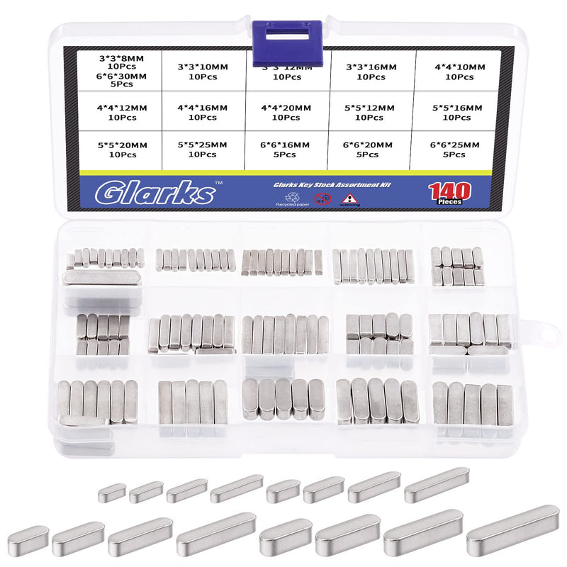 [Australia - AusPower] - Glarks 140Pcs 8mm 10mm 12mm 16mm 20mm 25mm 30mm Key Stock Keystock Assortment kit, 16 Sizes 304 Stainless Steel Smooth Round Ended Feather Key Parallel Drive Shaft Keys Set 