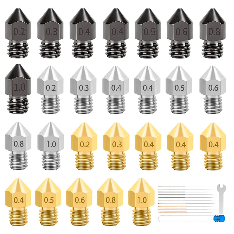 26PCS 3D Printer Extruder Nozzles Hardened Steel, Stainless Steel, Brass High Temperature Pointed Wear Resistant Nozzle 0.2 0.3 0.4 0.5 0.6 0.8 1.0 mm 26PCS