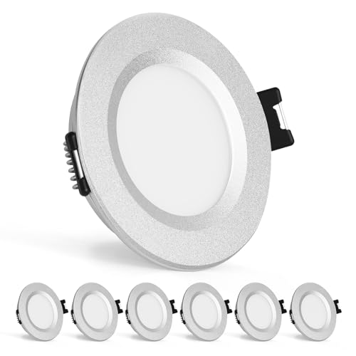 Gr4tec 3W LED Recessed Spotlight, 12V, Motorhome, Aluminum, Dimmable, IP44, Silver, Set of 6 | 12V Recessed Spotlights 3000K Warm White 240LM, Furniture Recessed Light LED Ultra Flat 12mm, Cutout 58-62mm, for Cabinet Caravan Boat