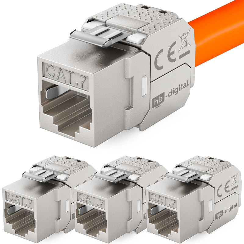 HB-DIGITAL 4x CAT 7 Keystone RJ45 Module Socket for Rigid LAN Cable | 10 Gbps, AWG 22-24, tool-free, LSA fully shielded STP, gold-plated contacts for patch panel network socket 4 pcs.