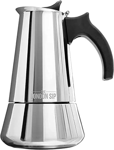 London Sip Stainless Steel Stovetop Espresso Maker Moka Pot Italian Coffee Percolator, Silver, 6 Espresso Cups Medium