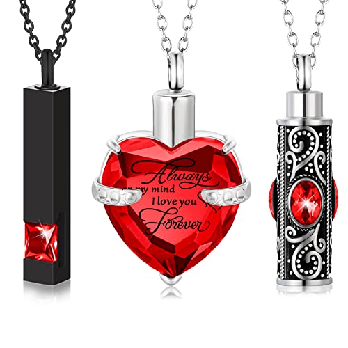 MTLEE 3 Pieces Cremation Urn Necklace for Ashes Vertical Bar Zircon, Heart Crystal Necklace Urn Stainless Steel Waterproof Memorial Pendant Red Zircon