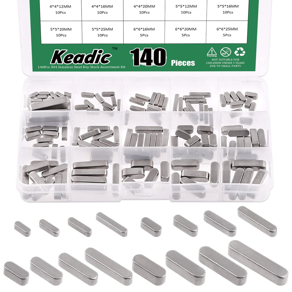 Keadic 140Pcs 16 Sizes 304 Stainless Steel Key Stock Assortment Set 8mm 10mm 12mm 16mm 20mm 25mm 30mm Round Ended Parallel Drive Shaft Key Parallel Keys Pulley Feather Key for Fastening Connection