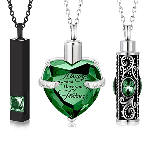 MTLEE 3 Pieces Cremation Urn Necklace for Ashes Vertical Bar Zircon, Heart Crystal Necklace Urn Stainless Steel Waterproof Memorial Pendant Green Zircon