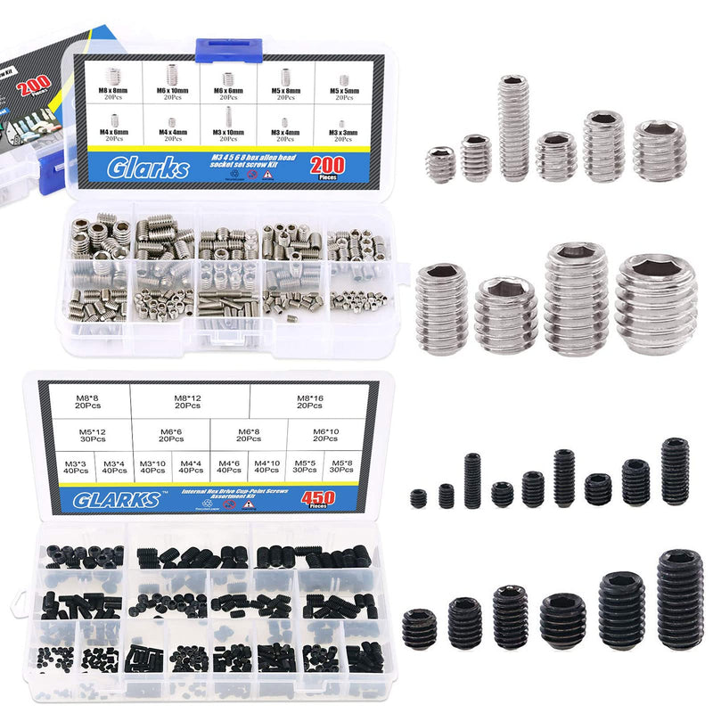 [Australia - AusPower] - Glarks 200Pcs M3 4 5 6 8 Hex Allen Head Socket Set Screw Assortment Kit + 450Pcs M3/M4/M5/M6/M8 Allen Head Socket Set Screw Assortment Kit 
