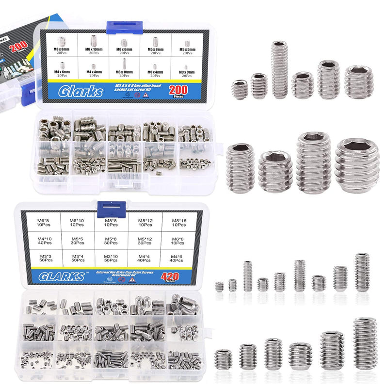 [Australia - AusPower] - Glarks 200Pcs M3 4 5 6 8 Hex Allen Head Socket Set Screw Assortment Kit + 420Pcs M3/M4/M5/M6/M8 Allen Head Socket Set Screw Assortment Kit 