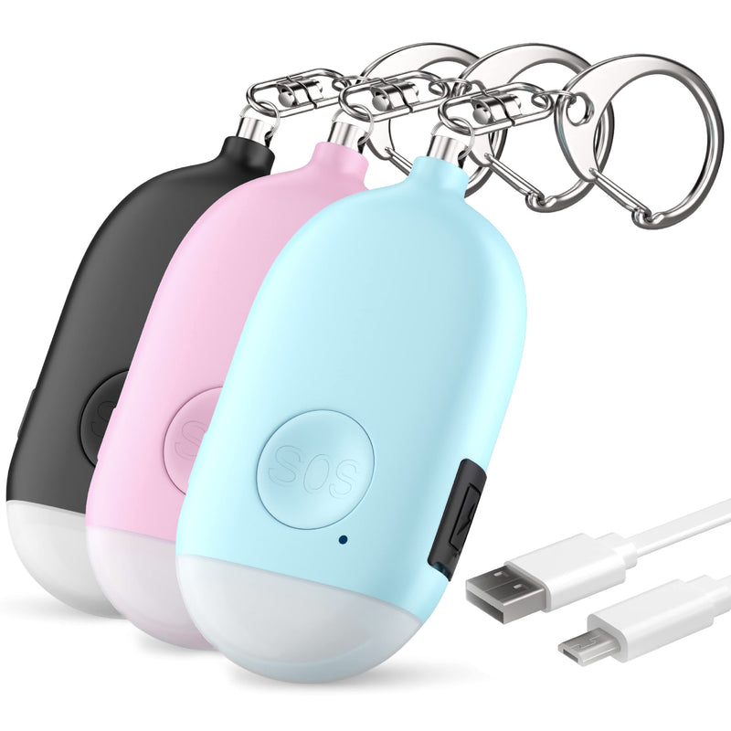 [Australia - AusPower] - Rechargeable Self Defense Keychain Alarm – 3 Pack 130 dB Loud Emergency Personal Siren Ring with LED Light – SOS Safety Alert Device Key Chain for Women, Kids, and Elderly by WETEN (Black&Pink&Blue) Black&pink&blue 