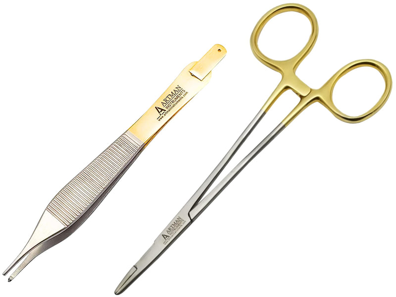 [Australia - AusPower] - Bundle of Olsen Hegar Needle Holder 6" Gold Plated Handle with Tungsten Carbide Inserts & Adson Forceps Kocher with Skin Stopper at The Back 4.75" Straight Fine Point 1X2 Teeth by Artman Instruments 