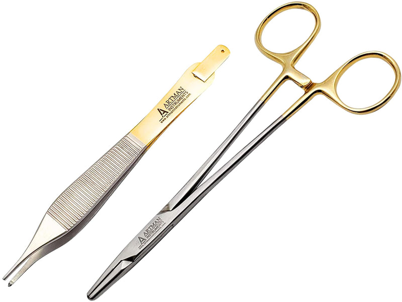 [Australia - AusPower] - Bundle of Mayo Hegar Needle Holder 6" Gold Plated Handle with Tungsten Carbide Inserts & Adson Forceps Kocher with Skin Stopper at The Back 4.75" Straight Fine Point 1X2 Teeth by Artman Instruments 