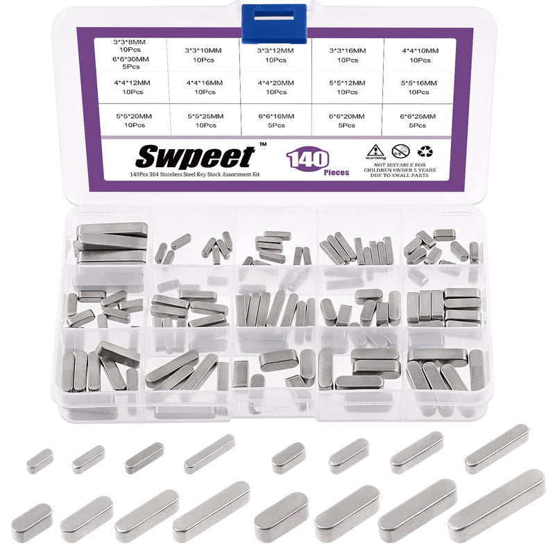 [Australia - AusPower] - Swpeet 140Pcs 16 Sizes Stainless Steel 3mm 4mm 5mm 6mm Round Ended Feather Key Parallel Drive Shaft Keys Set Key Stock Assortment for Fasteners Mechanical Industry 