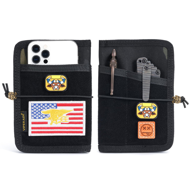 VIPERADE VE11 Pocket Journal Pouch, EDC Wallet Small Notebook Cover, Nylon Journal Cover for Field Notes, Utility EDC Organizer Pouch with DIY Patch Area Black