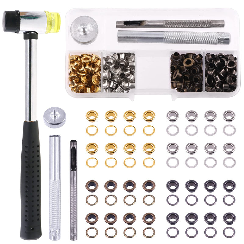 Keadic 240 Sets 4mm 5/32” Thickened Grommets Eyelets with 4 Pcs Install Tools Assortment Kit, Bronze Silver Gold Gun Black Metal Eyelet Grommet for DIY Leather Clothing Shoe Bags Crafts Bronze Gun-black Gold Silver Assorted Set 5/32”(4mm)