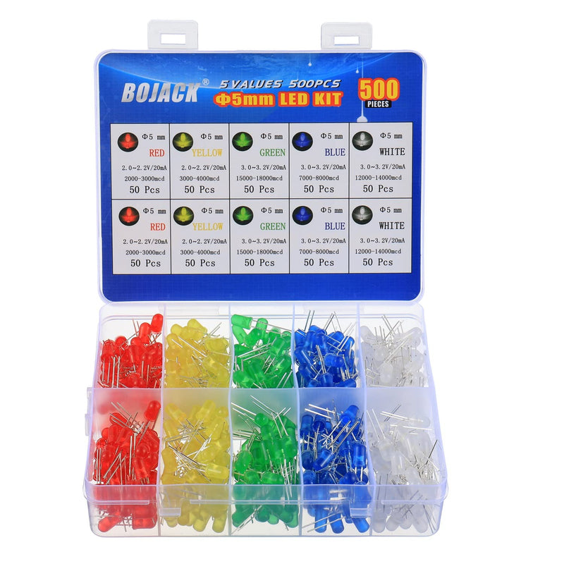 [Australia - AusPower] - BOJACK 5 Colors 500 pcs 5mm LED Diode Lights Assored Kit Pack Bright Lighting Bulb Lamps Electronics Components 5 mm Light Emitting Diodes Parts 