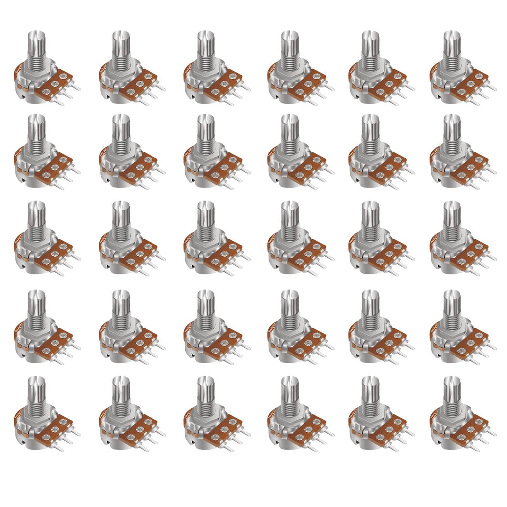 Taiss 30pcs 100K Potentiometer Variable Resistors 3 Terminals Linear Taper Rotary Audio B Type Potentiometer, Volume Control Potentiometer Shaft length 15mm WH148 100K Ohm Potentiometer