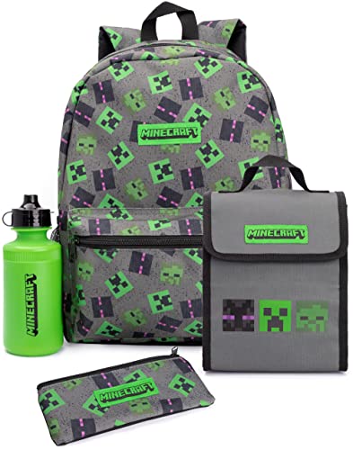 Minecraft Backpack For Kids | Creeper Zombie Enderman Merchandise Villains School Rucksack Pencil Case, Water Bottle Bag, Grey, One Size Charcoal