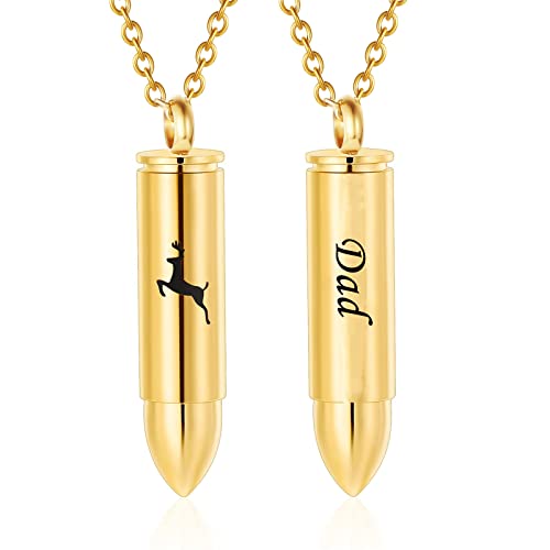 SIYUU Bullet Cremation Jewelry for Ashes Vial Deer Engraved Urn Necklace Stainless Steel Ash Container Keepsake Pendant Memorial Jewelry for Men Women Gold-Dad