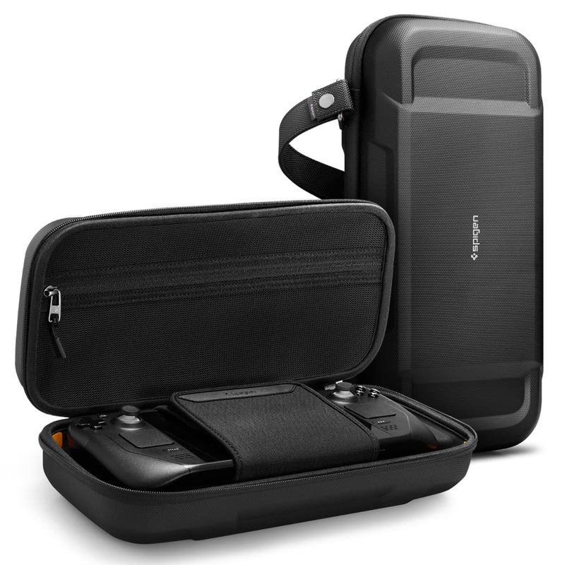 [Australia - AusPower] - Spigen Rugged Armor Pro Designed for Steam Deck LCD (2022) / Steam Deck OLED (2023) Hard Shell Travel Carrying Case with Pockets for Accessories and Original Charger Storage Bag Carry Case - Black 