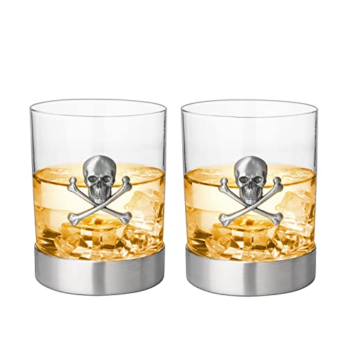 Skull & Skeleton Crossbones Pewter Whiskey & Wine Drinking Glasses - 11oz Set of 2 - Water, Rum, Brandy & Scotch Glass, Elegant, Skeleton Crystal Cup, Gifts for Men & Women, Old Fashioned Glass Skull Pewter