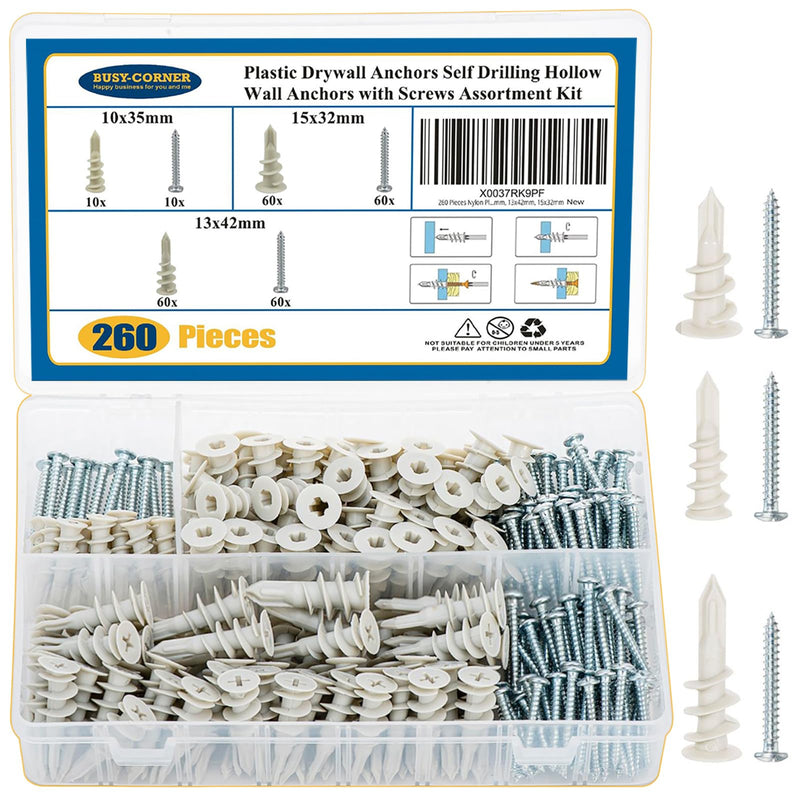[Australia - AusPower] - 260 PCS Self Drilling Drywall Anchors, 3 Sizes Nylon Plastic Wall Anchors with Screws for Drywall, No Pre Drill Hole Preparation Required, 10x35mm, 13x42mm, 15x32mm 