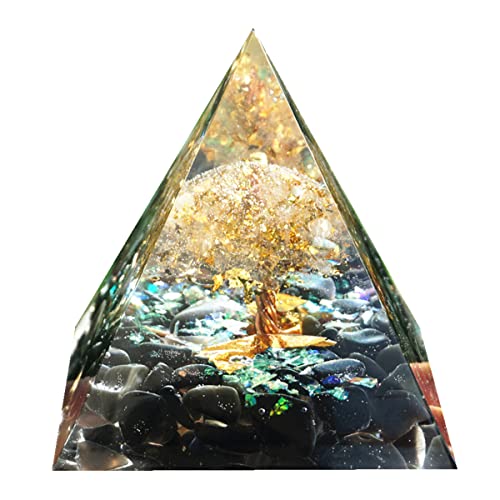 Tree of Life Orgonite Pyramid Kit White Quartz with Obsidian Stone Positive Reiki Energy Generator Crystal Healing Orgone Collection Wealth Lucky Meditation Tool Clear-black