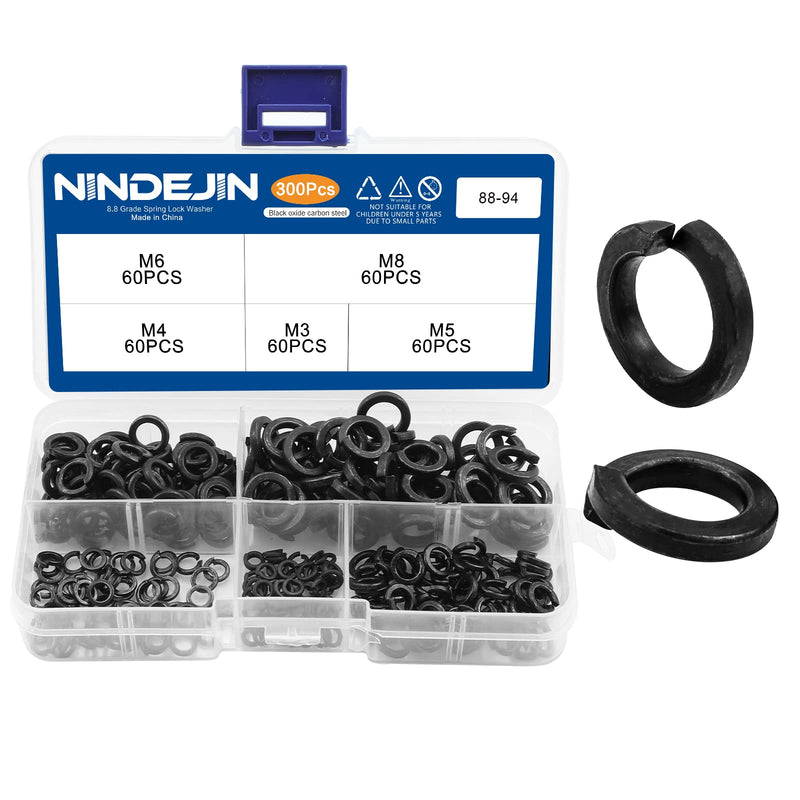 [Australia - AusPower] - NINDEJIN 300Pcs Spring Lock Washers Assortment Kit, M3 M4 M5 M6 M8 Black Zinc Plated Carbon Steel Split Lock Washer Set, Spring-loaded Circular Split Washers for Prevent Fasteners Loosening 