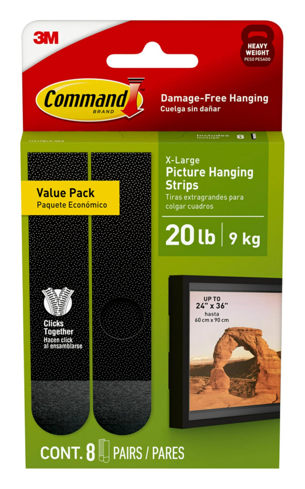 Command 20 Lb XL Heavyweight Picture Hanging Strips, Damage Free Hanging Picture Hangers, Heavy Duty Wall Hanging Strips for Living Spaces, 8 Black Adhesive Strip Pairs(16 Command Strips)