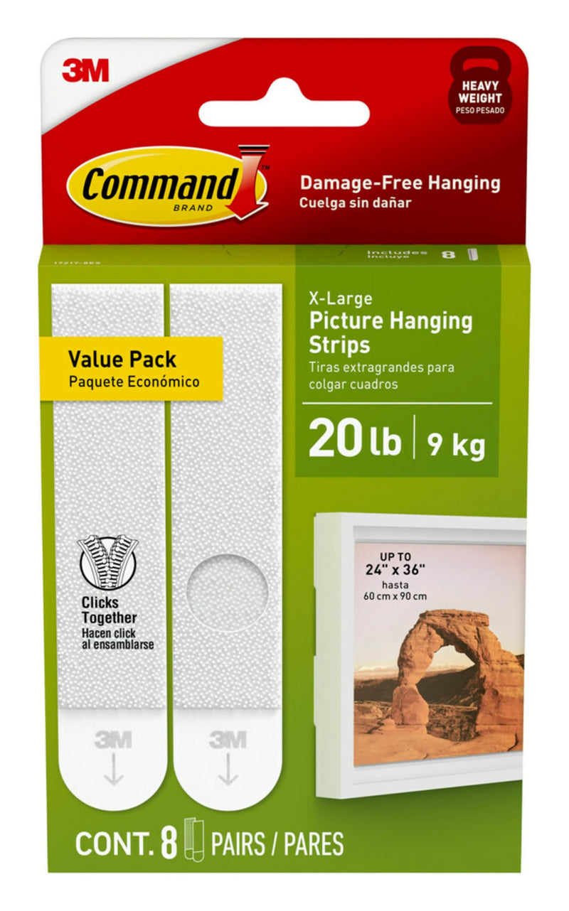 Command 20 Lb XL Heavyweight Picture Hanging Strips, Damage Free Hanging Picture Hangers, Heavy Duty Wall Hanging Strips for Living Spaces, 8 White Adhesive Strip Pairs X-Large [8 strip sets]