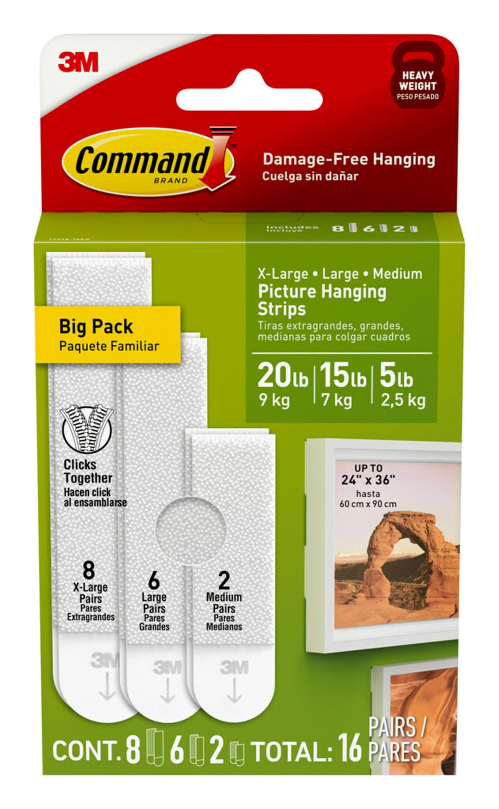 Command Picture Hanging Strips Variety Pack, Damage Free Hanging Picture Hangers, No Tools Wall for Living Spaces, White, 2 Medium Pairs, 6 Pairs and 8 Extra Large Pairs