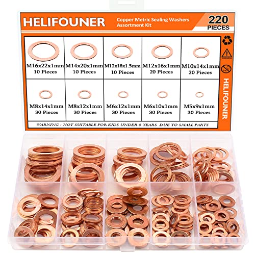 HELIFOUNER copper flat washers assortment kit with 10 metric sizes, including M5, M6, M8, M10, M12, M14, and M16