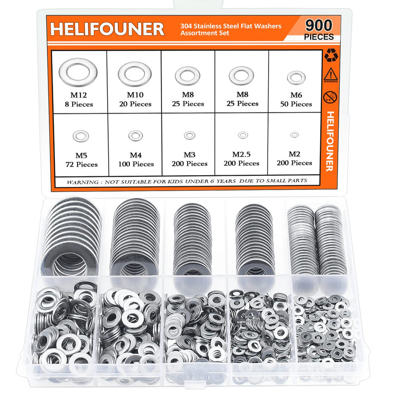 [Australia - AusPower] - 900 Pieces 304 Stainless Steel Flat Washers for Screws Bolts, HELIFOUNER Assorted Kit, Lock Metal Washers (M2 M2.5 M3 M4 M5 M6 M8 M10 M12) Silver 