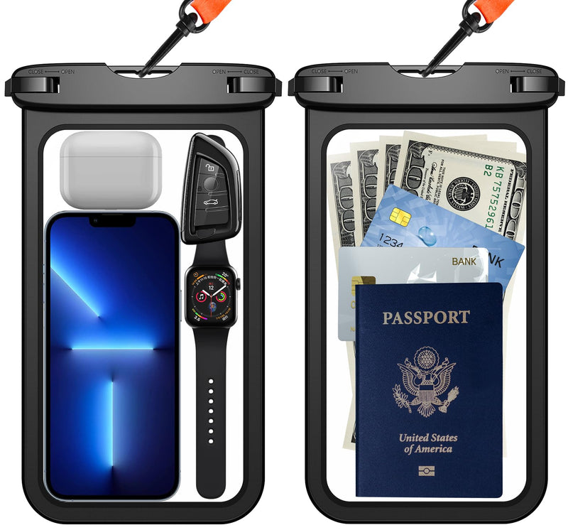 [Australia - AusPower] - Temdan 2 Pcs Waterproof Phone Pouch, [Up to 10" Large] Universal IPX8 Waterproof Cell Phone Case Dry Bag with Lanyard for iPhone 15 Pro Max/14/13/12/11/SE,Galaxy S24 Ultra/S23/S22 for Vacation -Black Large 10" Black&Black 