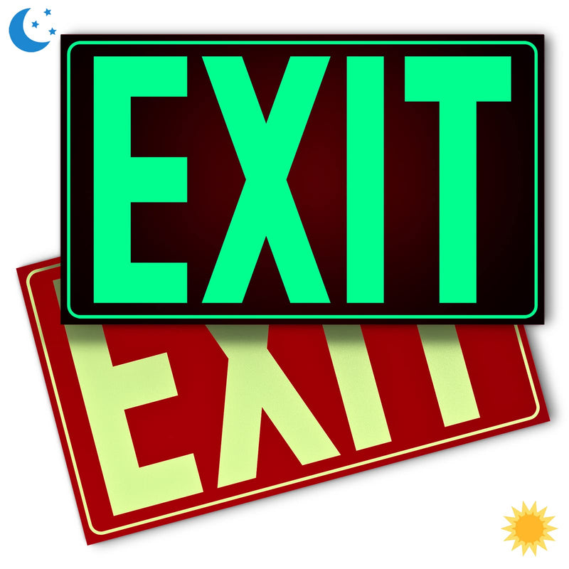 [Australia - AusPower] - Glow In The Dark Photoluminescent Exit Sign Red - Adhesive Backing – UV Inks On Tear-resistant PVC - Non Electrical - Scratch Resistant -12 x 7 Inches For 50 Feet Visibility (2 Pack) 