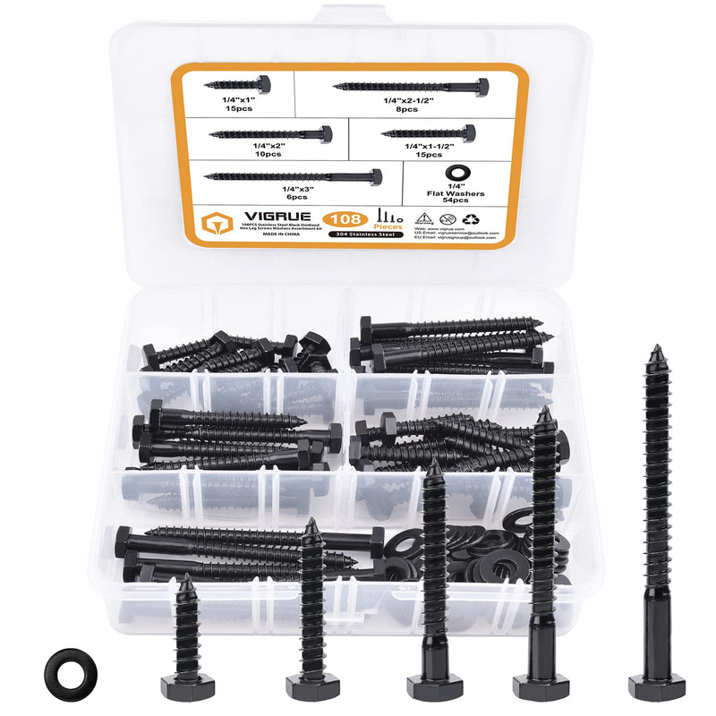 [Australia - AusPower] - 1/4" Hex Lag Bolts Stainless Steel 18-8 (304), VIGRUE 108PCS Black Oxidized, Hex Lag Screws Heavy Duty Wood Screws Washers Assortment kit, Length Include 1" 1-1/2" 2" 2-1/2" 3" 1/4 x 1" to 3" 