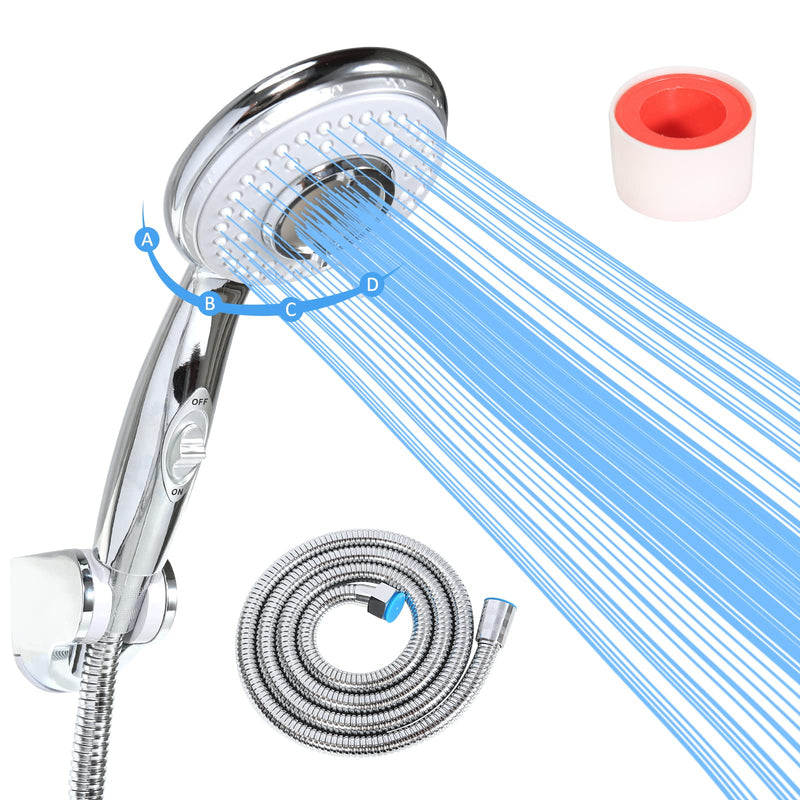 RV Shower Head with Hose and on off switch - High pressure shower head replacement for Bath room、RV、Motor home、Boat、Travel Trailer and Camper - with Stainless Steel 60'' Hose and bracket Chrome